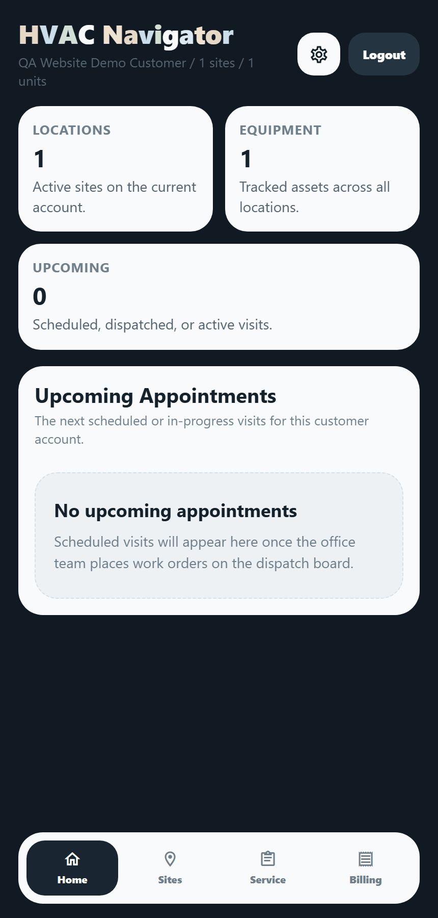Mobile App - Customer portal home screen