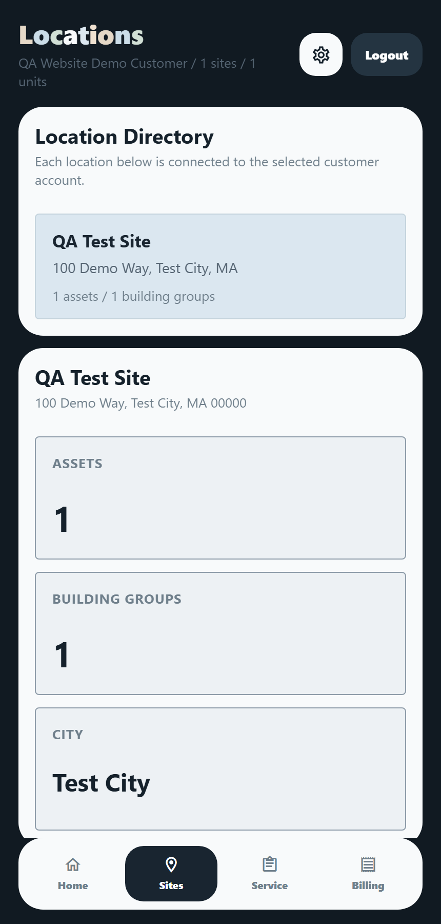 Mobile App - Customer portal sites screen
