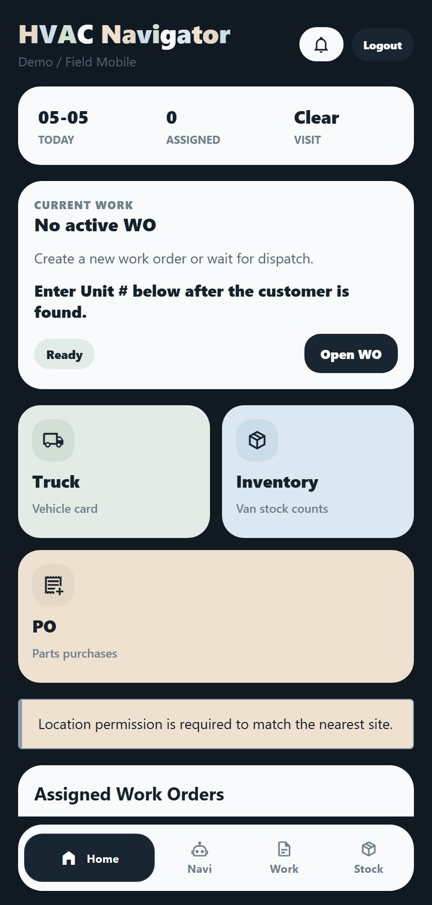 Mobile App - Field home dashboard