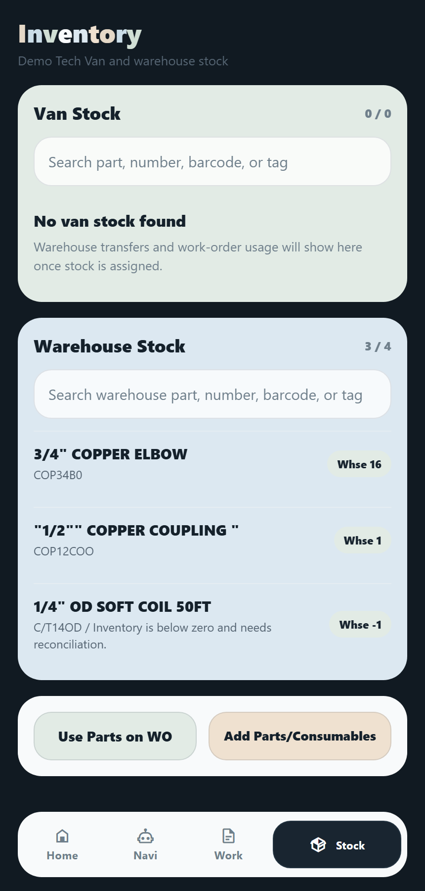 Mobile App - Field stock and inventory screen