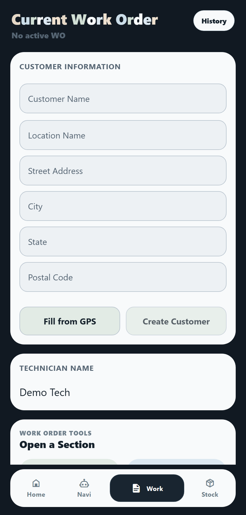 Mobile App - Field work order screen