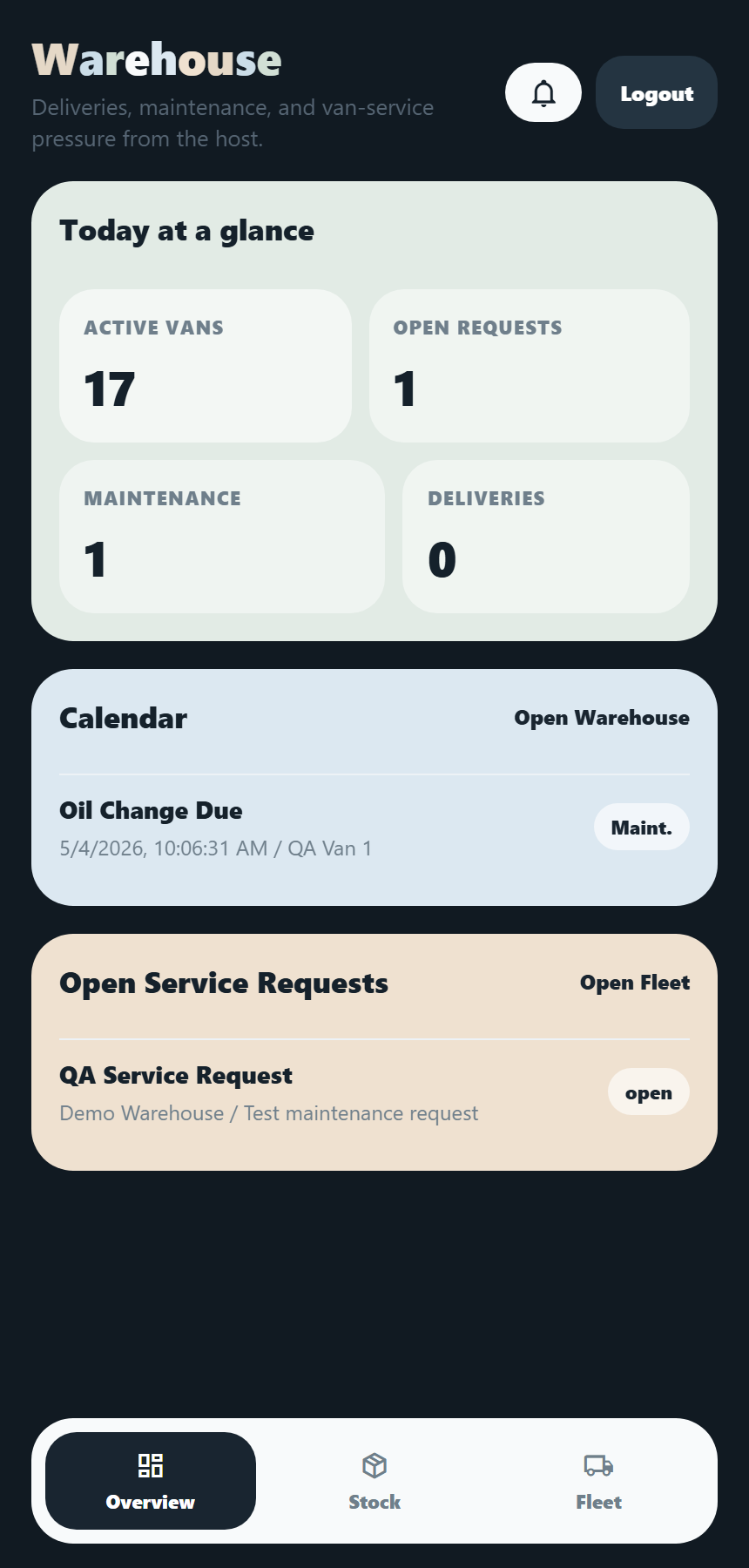 Mobile App - Warehouse home screen